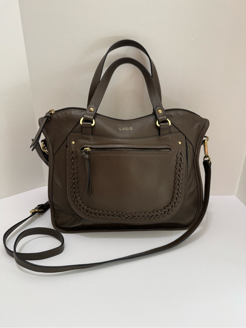 Lodis 1965 Margo Brown Olive Leather Satchel Crossbody Braided Top Handle Purse